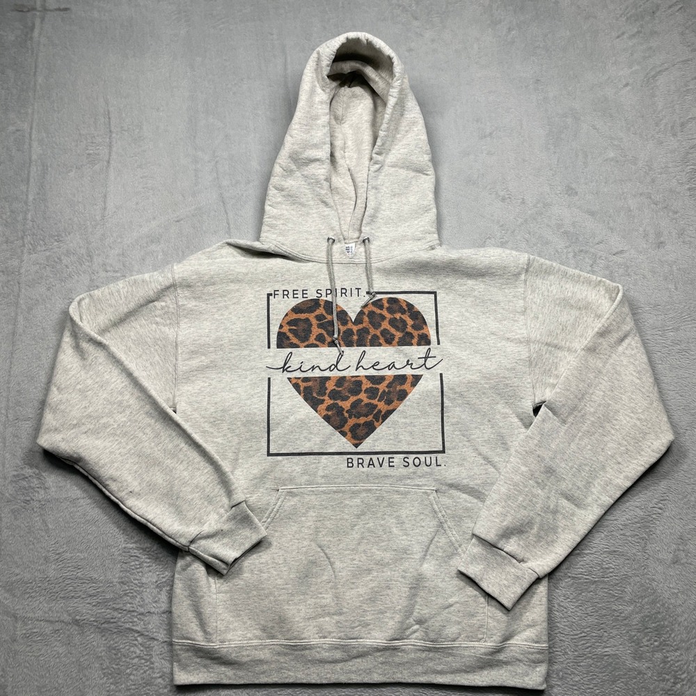 Leopard Heart Free Spirit Kind Heart Brave Soul Hoodie Women Medium Gray Jerzees